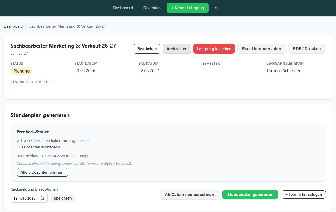 ScheduleBot Ansicht &mdash; Lehrgangsdetails und Stundenplan-Generator